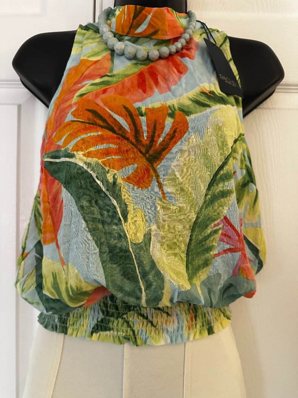 NWT Rachel Roy Tropical Leaf Print High Neck Smocked Hem Top Small